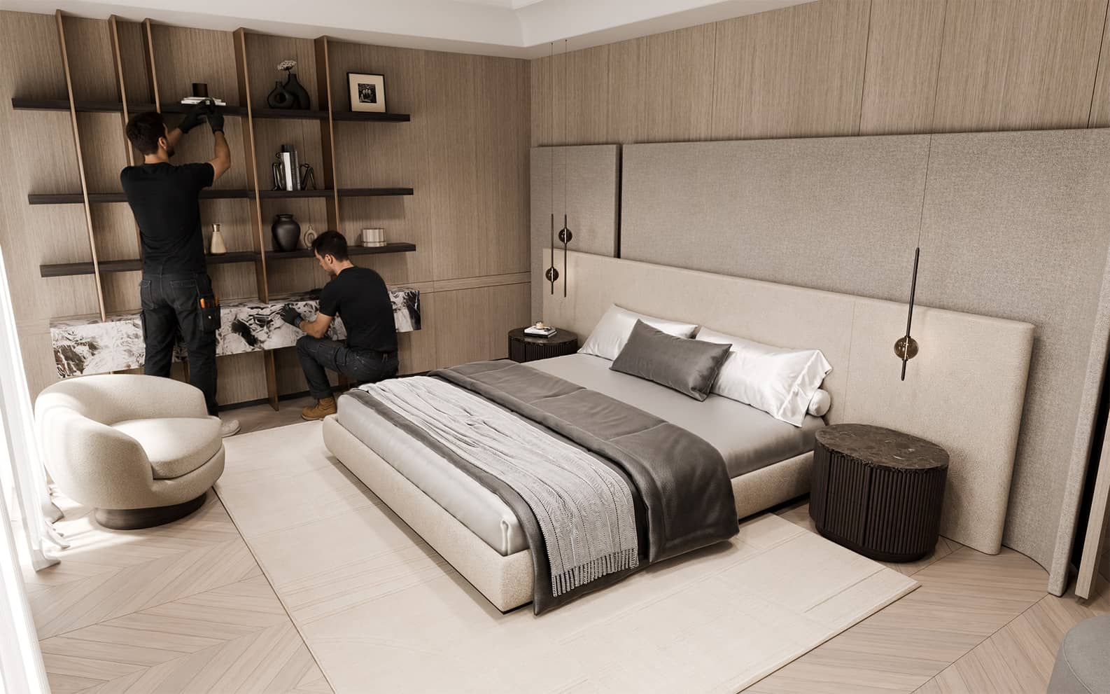 Two workers carefully adding finishing touches to a bedroom design project.