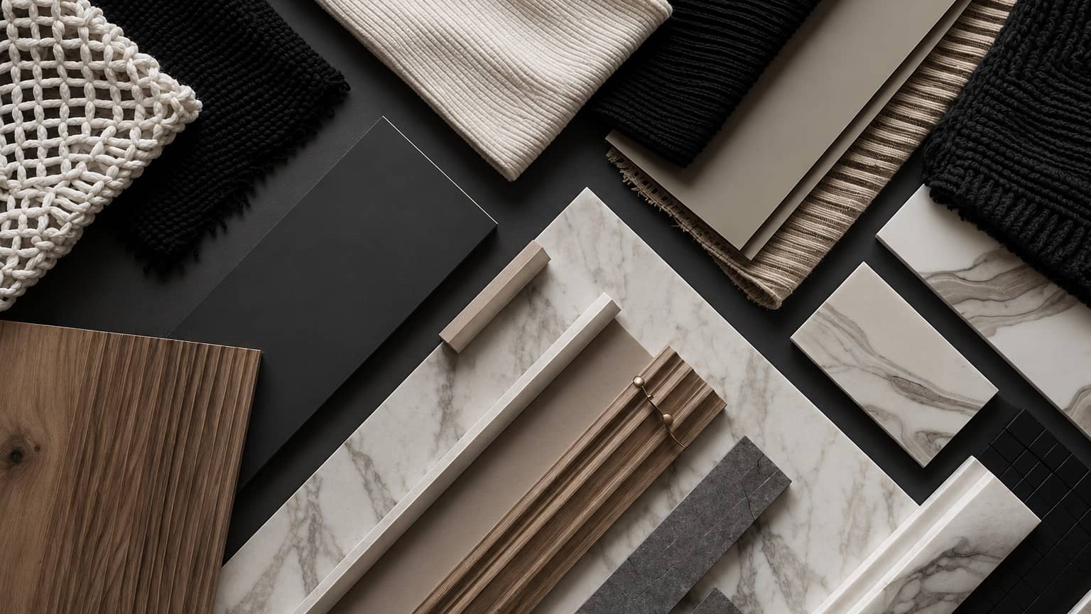 Samples of marble, wood and fabrics for a home design project.